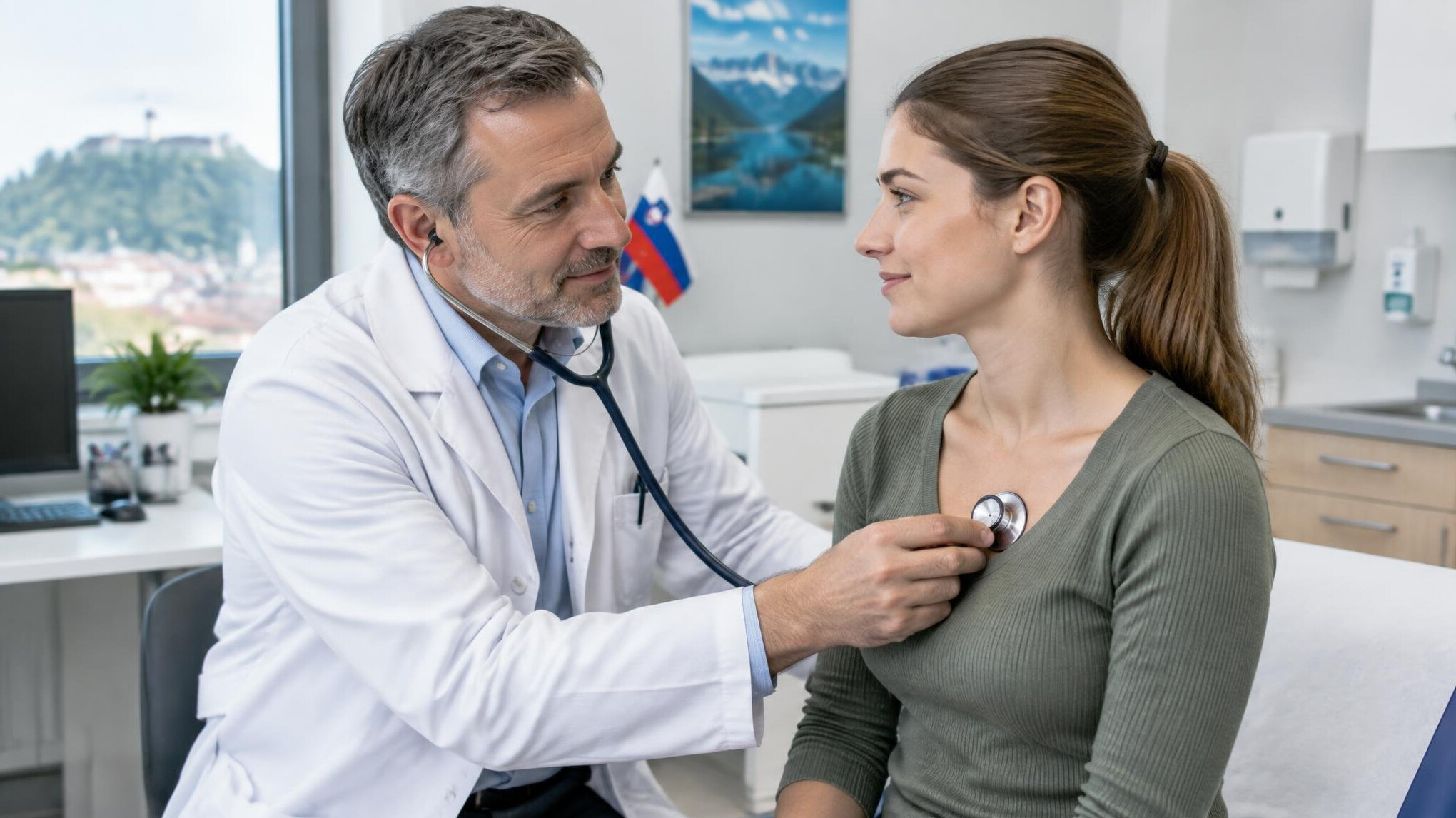 Doctor examining patient with stethoscope in clinic