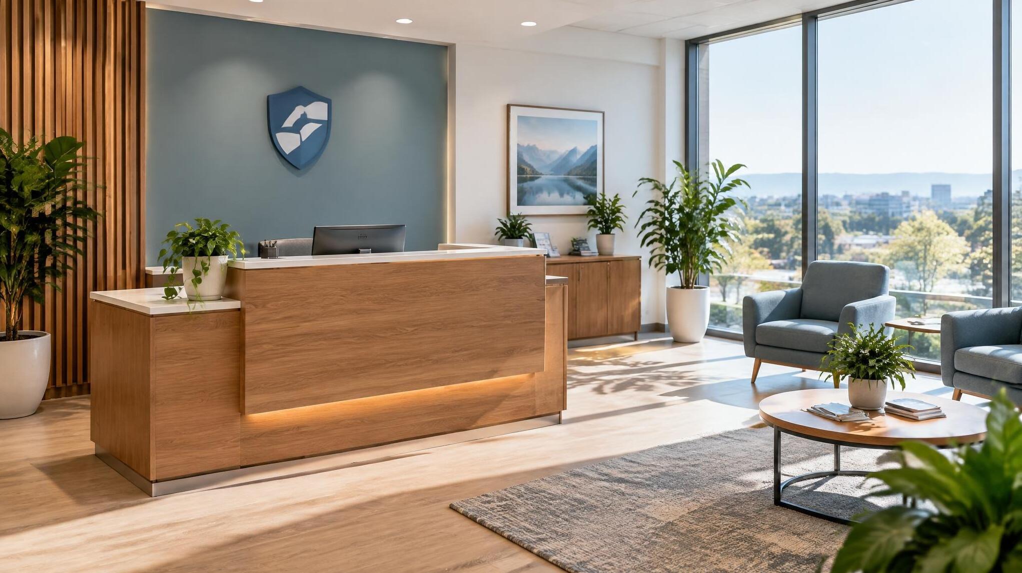 Modern insurance office reception area with natural light