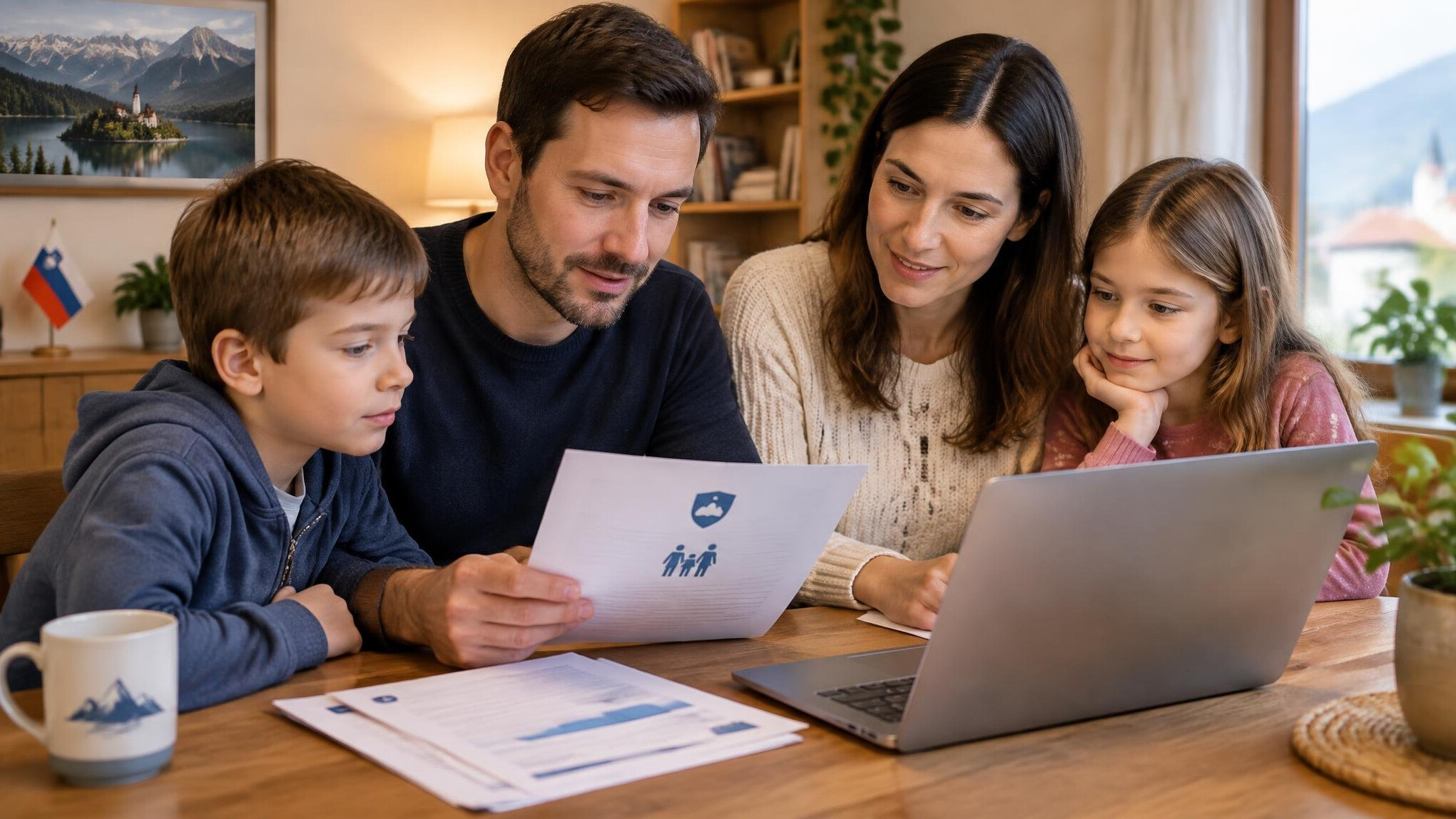 Family reviewing paperwork together at home table